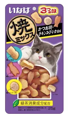 INABA Yakimiksu Лакомство для кошек Снеки со вкусом кацуобуси, куриного бульона и кальмара